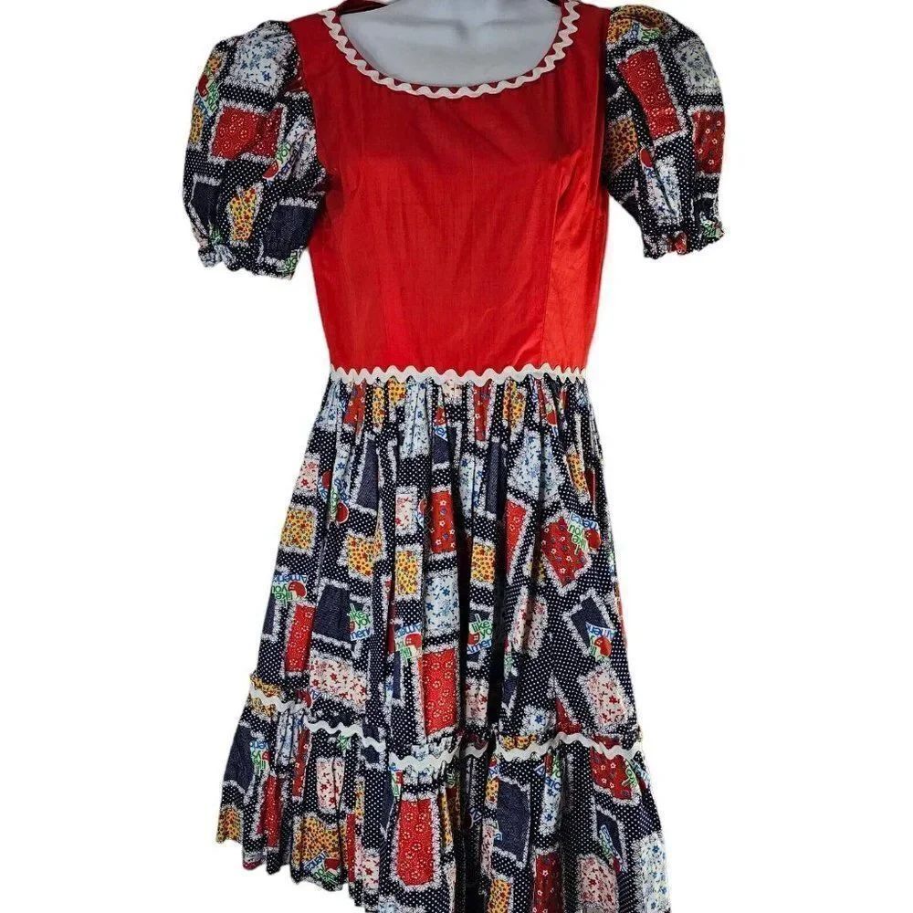 Vintage Dress Womens Size Small Square Dancing Red Blue Circle Skirt Patchwork